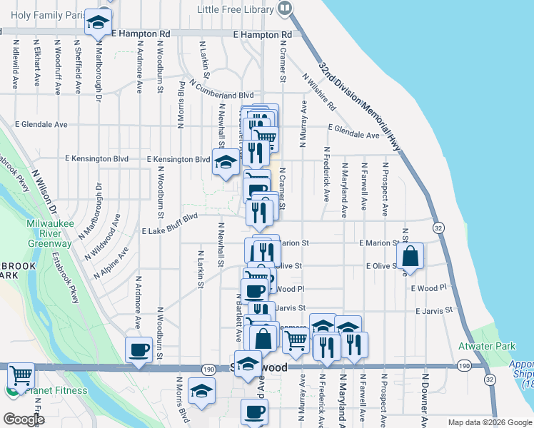 map of restaurants, bars, coffee shops, grocery stores, and more near 4425 North Cramer Street in Shorewood