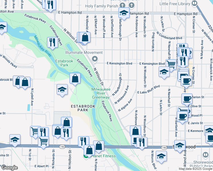 map of restaurants, bars, coffee shops, grocery stores, and more near in Shorewood