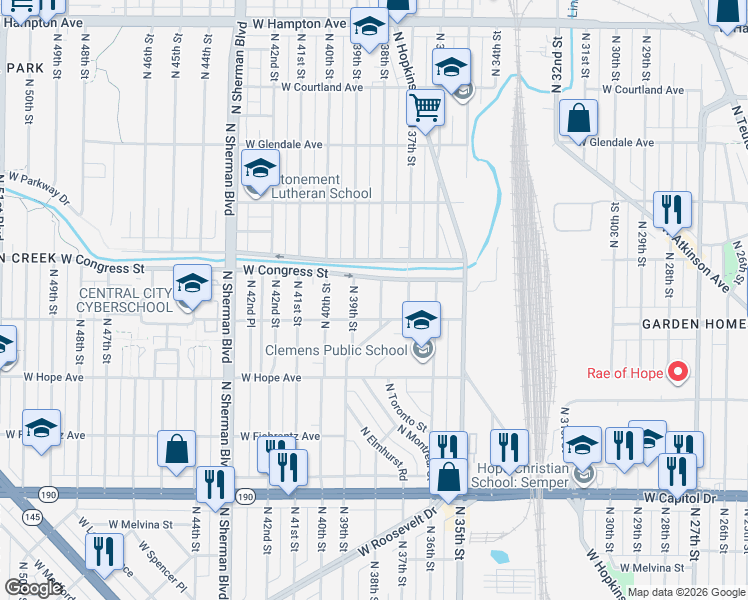 map of restaurants, bars, coffee shops, grocery stores, and more near 3827 West Congress Street in Milwaukee