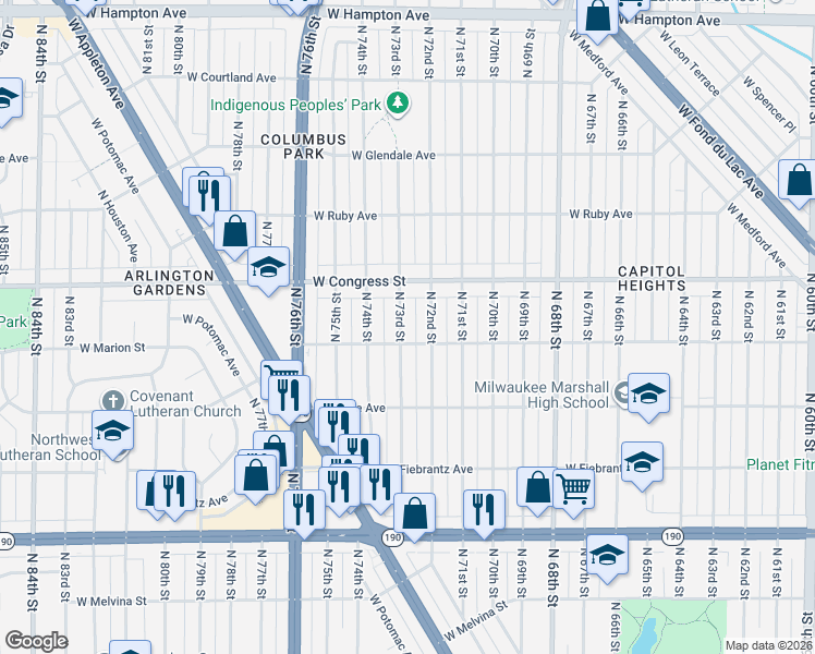 map of restaurants, bars, coffee shops, grocery stores, and more near 4345 North 73rd Street in Milwaukee