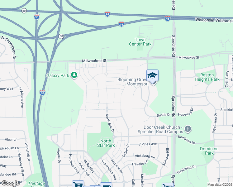 map of restaurants, bars, coffee shops, grocery stores, and more near 6126 Stoney Oak Lane in Madison