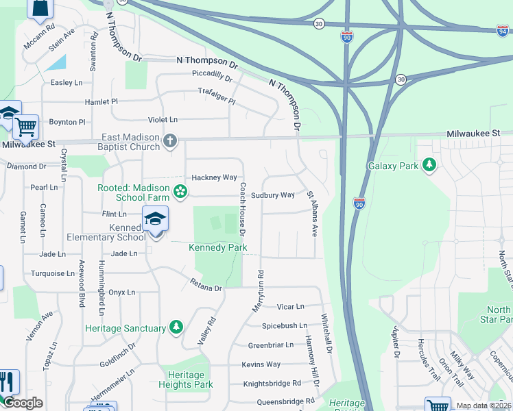 map of restaurants, bars, coffee shops, grocery stores, and more near 113 Coach House Drive in Madison