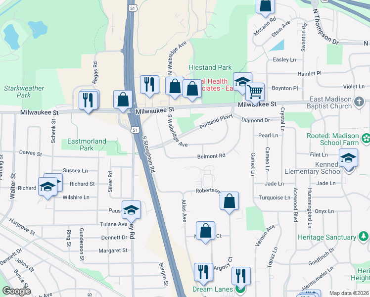 map of restaurants, bars, coffee shops, grocery stores, and more near 125 South Walbridge Avenue in Madison