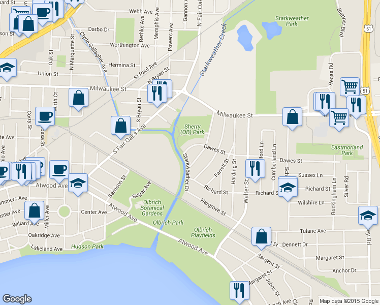 map of restaurants, bars, coffee shops, grocery stores, and more near 3430 Dawes Street in Madison