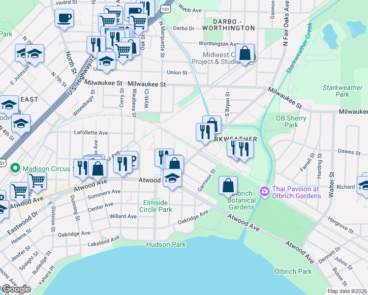 map of restaurants, bars, coffee shops, grocery stores, and more near 172 South Fair Oaks Avenue in Madison