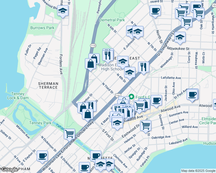 map of restaurants, bars, coffee shops, grocery stores, and more near 2122 East Mifflin Street in Madison