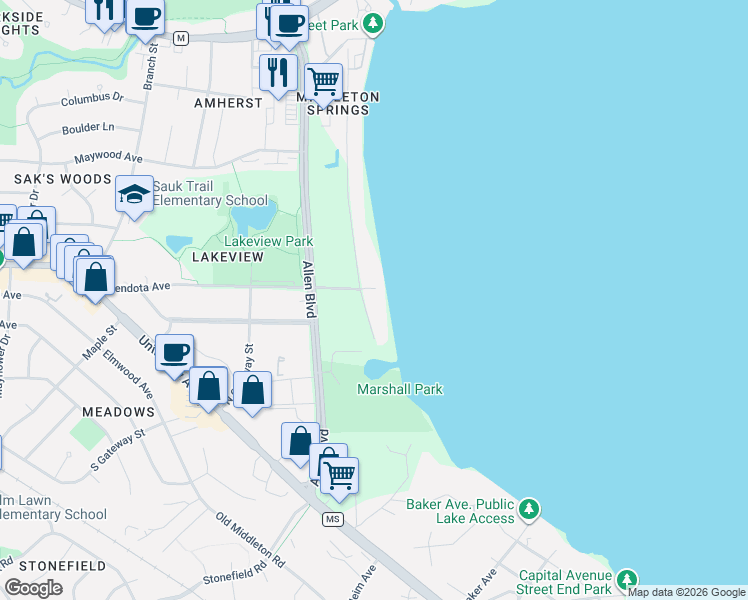 map of restaurants, bars, coffee shops, grocery stores, and more near 2205 Middleton Beach Road in Middleton