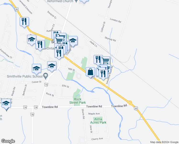 map of restaurants, bars, coffee shops, grocery stores, and more near 205 Saint Catharines Street in Smithville