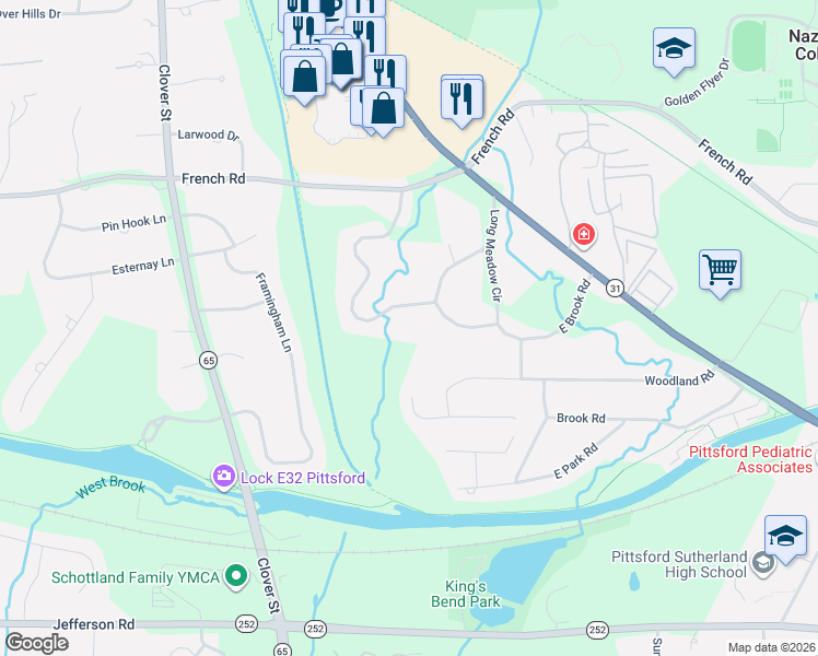 map of restaurants, bars, coffee shops, grocery stores, and more near 195 West Brook Road in Pittsford