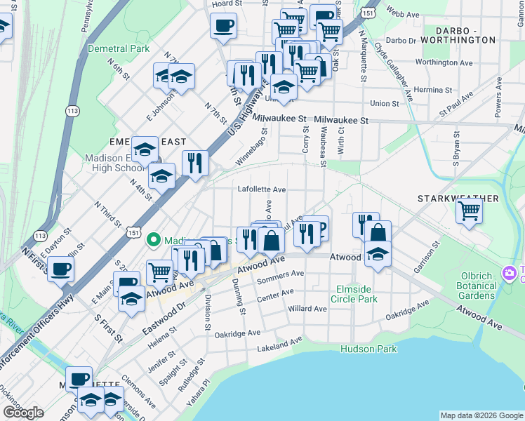 map of restaurants, bars, coffee shops, grocery stores, and more near 142 Ohio Avenue in Madison