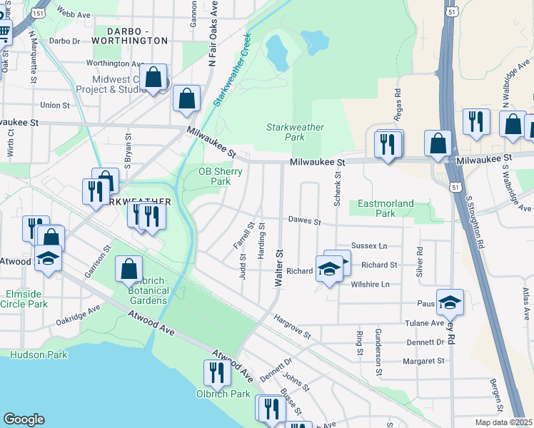 map of restaurants, bars, coffee shops, grocery stores, and more near 49 Harding Street in Madison