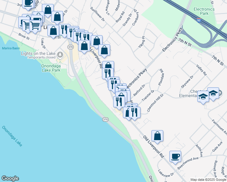 map of restaurants, bars, coffee shops, grocery stores, and more near 704 Old Liverpool Road in Liverpool
