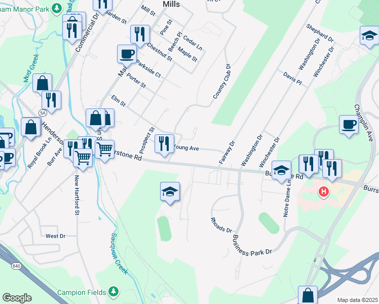 map of restaurants, bars, coffee shops, grocery stores, and more near 57 Young Avenue in New York Mills