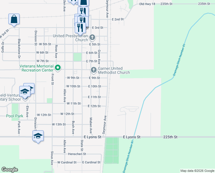 map of restaurants, bars, coffee shops, grocery stores, and more near 1000 Seymour Avenue in Garner
