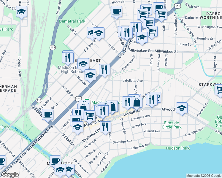 map of restaurants, bars, coffee shops, grocery stores, and more near 154 Division Street in Madison
