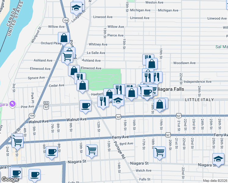 map of restaurants, bars, coffee shops, grocery stores, and more near 1196 Haeberle Avenue in Niagara Falls