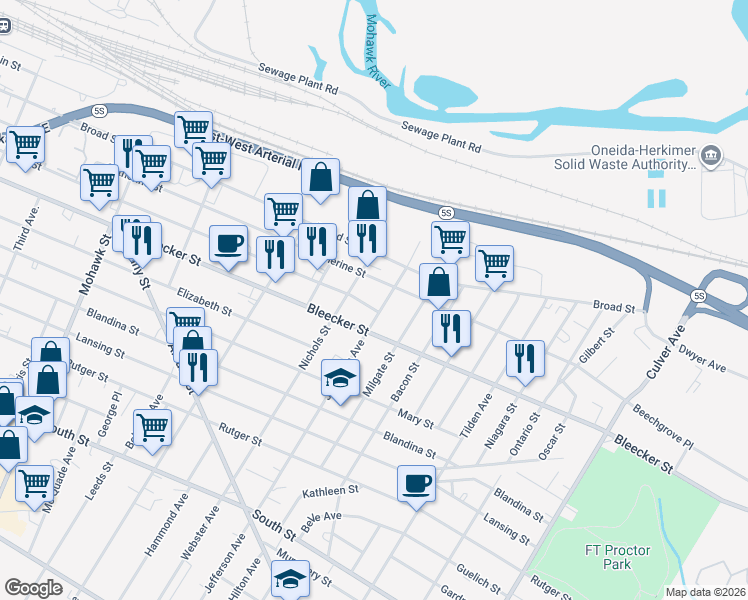 map of restaurants, bars, coffee shops, grocery stores, and more near 301 Nichols Street in Utica