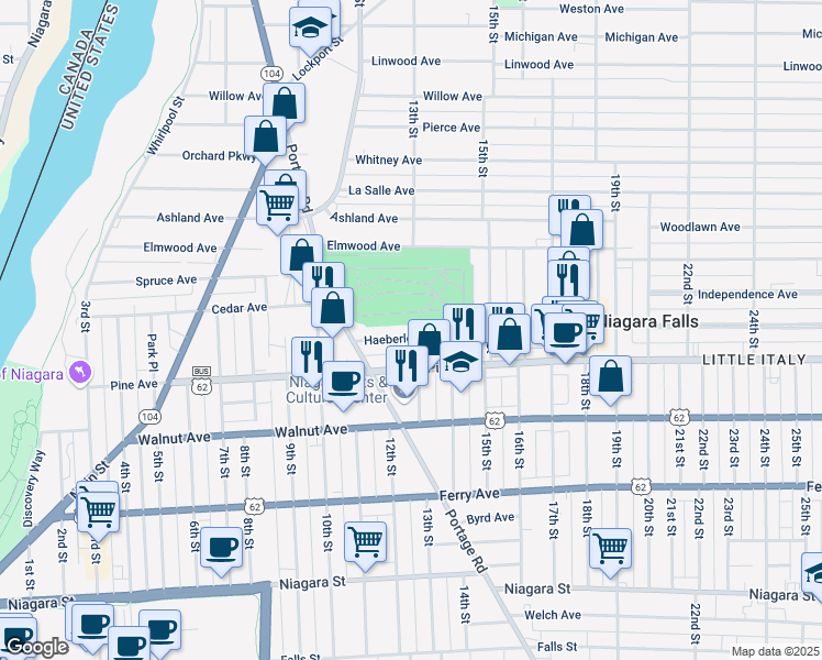 map of restaurants, bars, coffee shops, grocery stores, and more near 1158 Haeberle Avenue in Niagara Falls