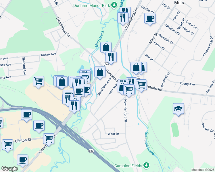 map of restaurants, bars, coffee shops, grocery stores, and more near 1 A Royal Brook Lane in New York Mills