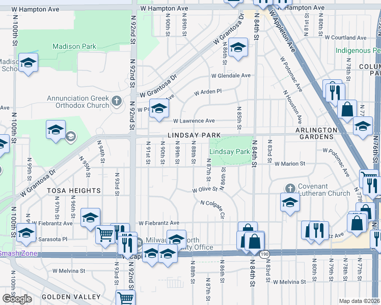 map of restaurants, bars, coffee shops, grocery stores, and more near 4337 North 88th Street in Milwaukee