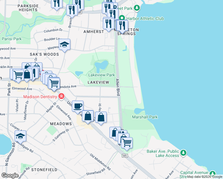 map of restaurants, bars, coffee shops, grocery stores, and more near in Middleton