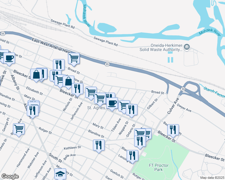 map of restaurants, bars, coffee shops, grocery stores, and more near 1301 Broad Street in Utica