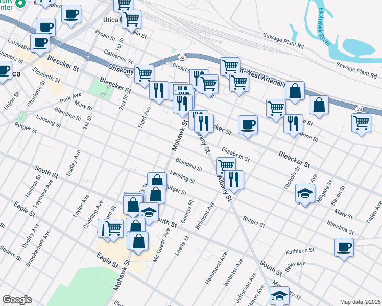 map of restaurants, bars, coffee shops, grocery stores, and more near 721 Mary Street in Utica