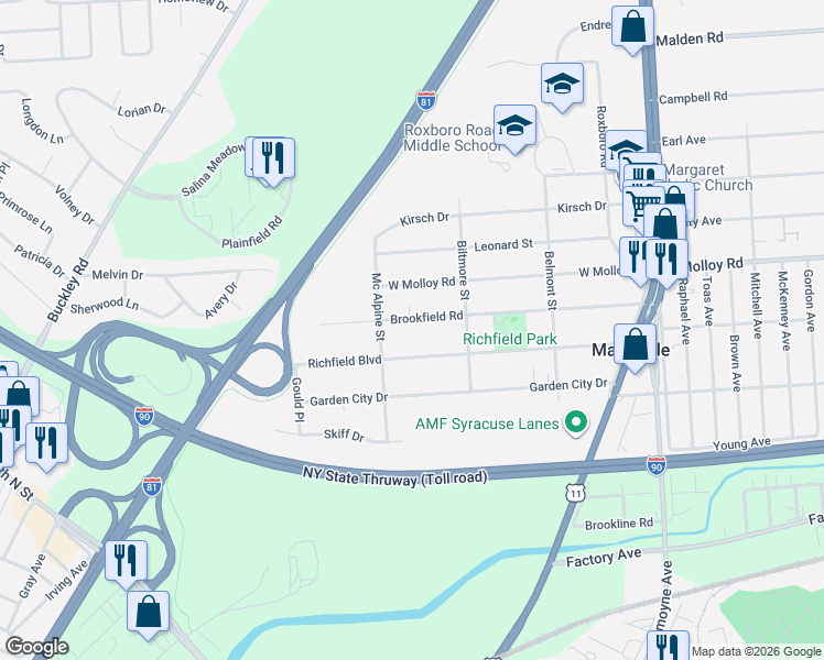 map of restaurants, bars, coffee shops, grocery stores, and more near 320 Brookfield Road in Syracuse