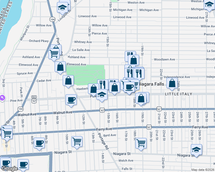 map of restaurants, bars, coffee shops, grocery stores, and more near 752 15th Street in Niagara Falls