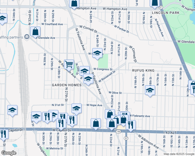 map of restaurants, bars, coffee shops, grocery stores, and more near 4346 North Teutonia Avenue in Milwaukee
