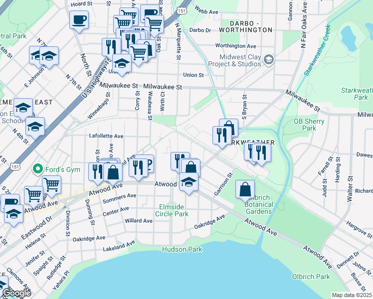 map of restaurants, bars, coffee shops, grocery stores, and more near 121 South Marquette Street in Madison