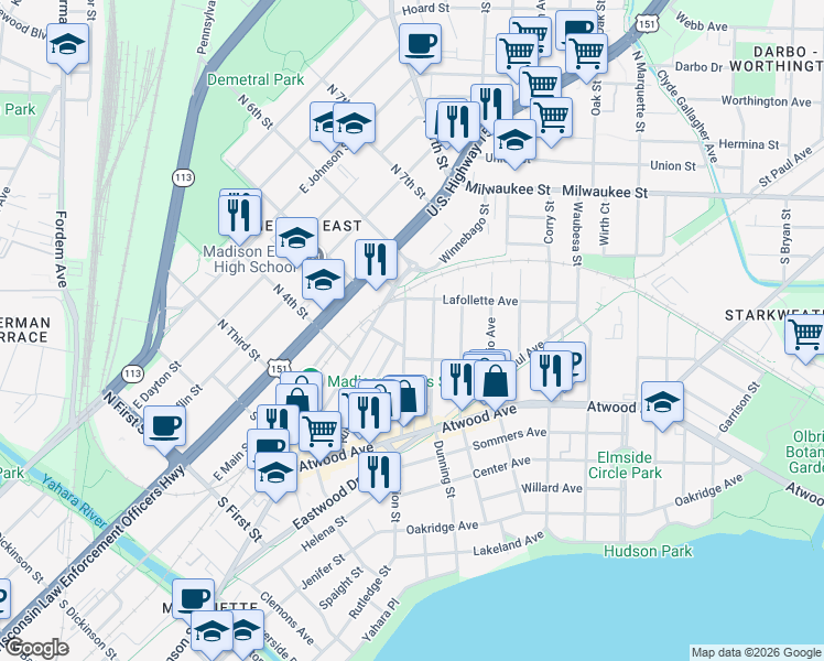 map of restaurants, bars, coffee shops, grocery stores, and more near 137 Division Street in Madison