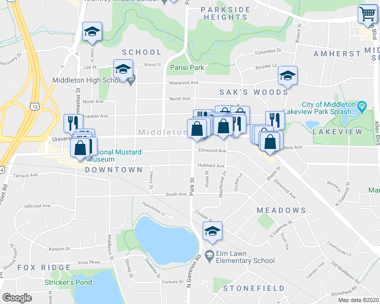 map of restaurants, bars, coffee shops, grocery stores, and more near 1906 Park Street in Middleton