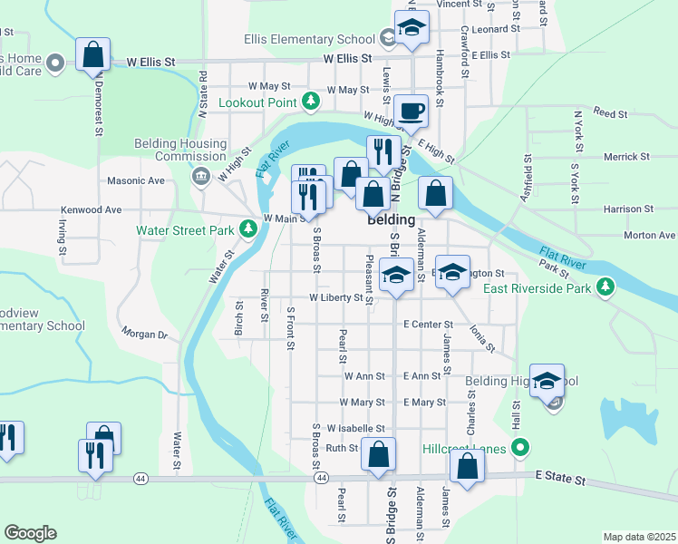 map of restaurants, bars, coffee shops, grocery stores, and more near 315 West Washington Street in Belding