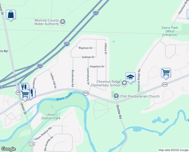 map of restaurants, bars, coffee shops, grocery stores, and more near 29 Sunridge Drive in Rochester