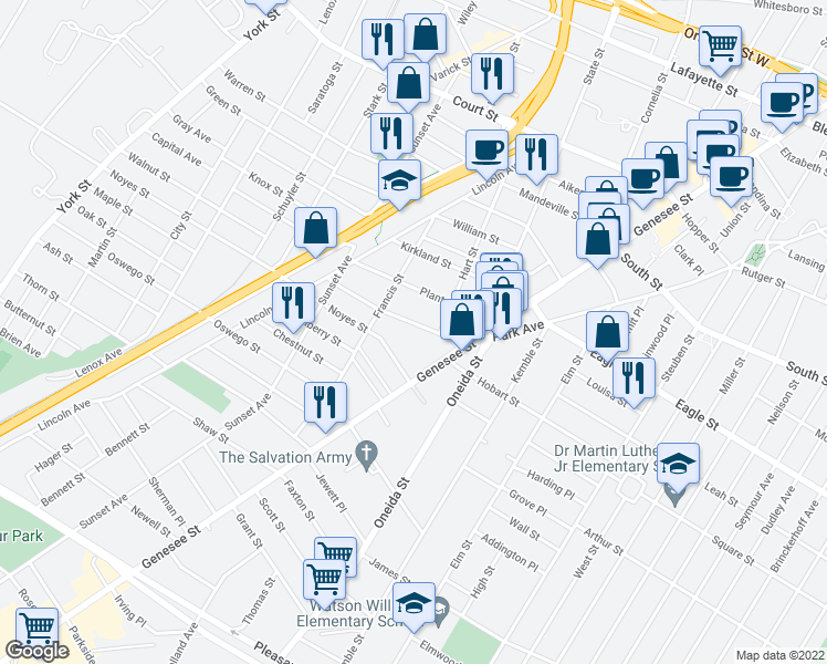 map of restaurants, bars, coffee shops, grocery stores, and more near 619 Tracy Street in Utica