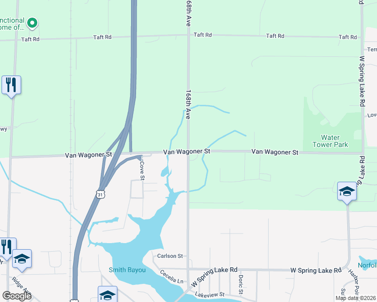 map of restaurants, bars, coffee shops, grocery stores, and more near 16799 Van Wagoner Street in Spring Lake