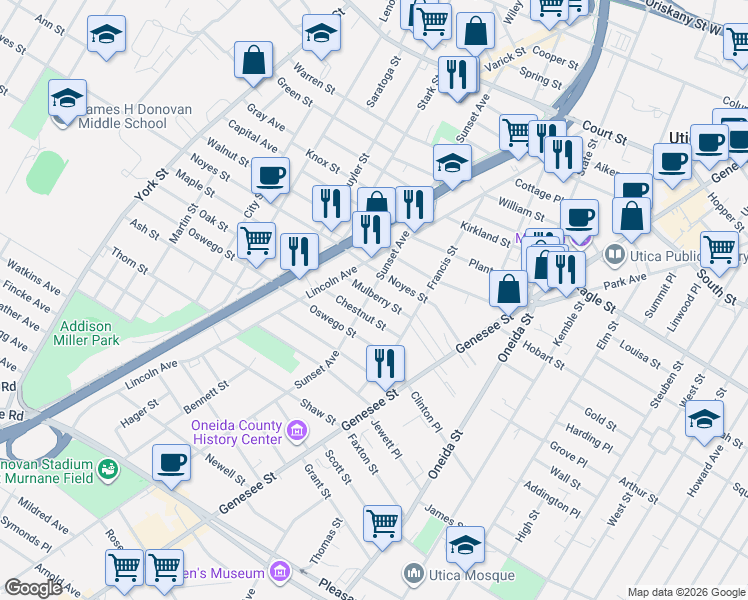 map of restaurants, bars, coffee shops, grocery stores, and more near 1410 Sunset Avenue in Utica