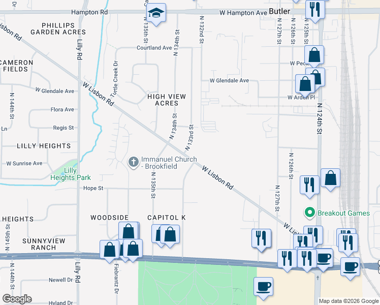 map of restaurants, bars, coffee shops, grocery stores, and more near 4360 North 133rd Street in Brookfield