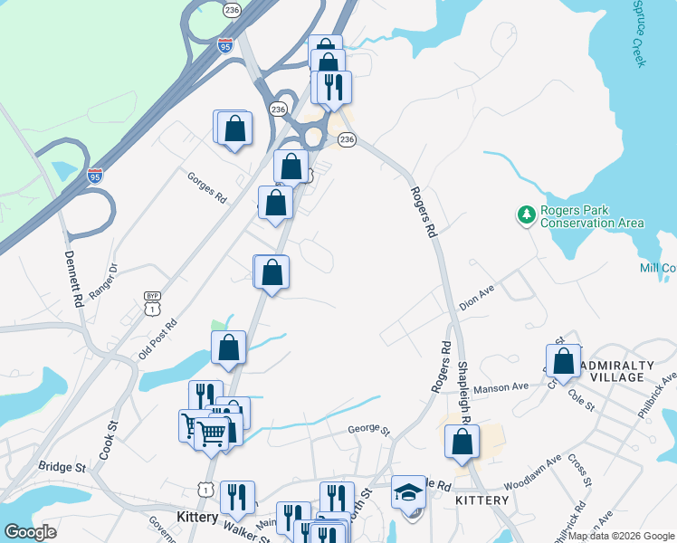 map of restaurants, bars, coffee shops, grocery stores, and more near 27 Sterling Road in Kittery