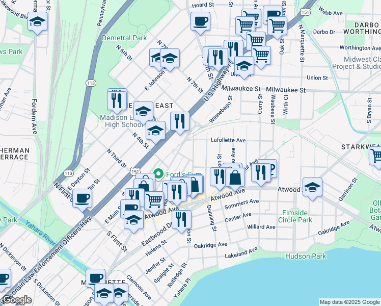 map of restaurants, bars, coffee shops, grocery stores, and more near 150 Division Street in Madison