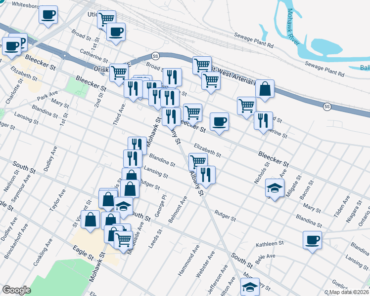 map of restaurants, bars, coffee shops, grocery stores, and more near 726 Elizabeth Street in Utica