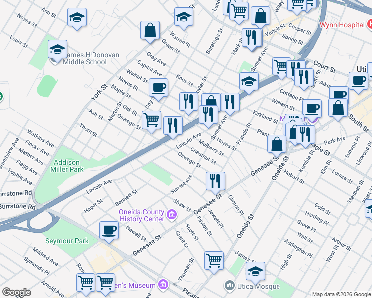 map of restaurants, bars, coffee shops, grocery stores, and more near 1419 Lincoln Avenue in Utica