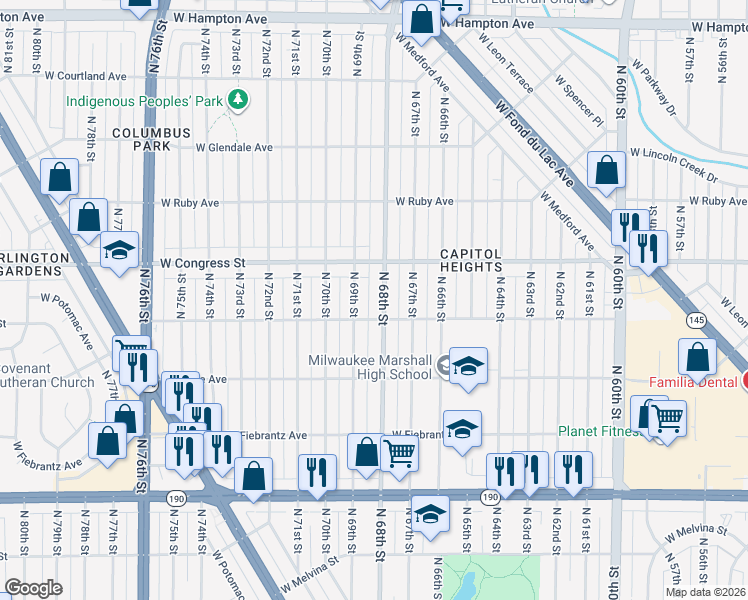 map of restaurants, bars, coffee shops, grocery stores, and more near 4347 North 68th Street in Milwaukee