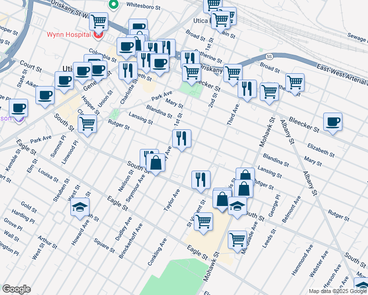 map of restaurants, bars, coffee shops, grocery stores, and more near 403 Rutger Street in Utica