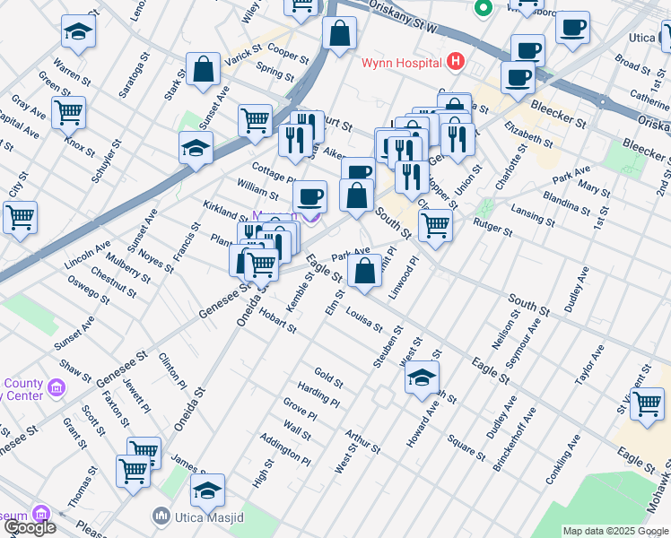 map of restaurants, bars, coffee shops, grocery stores, and more near 1135 Park Avenue in Utica