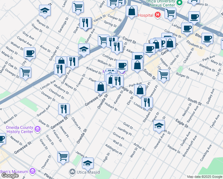 map of restaurants, bars, coffee shops, grocery stores, and more near 326 Genesee Street in Utica