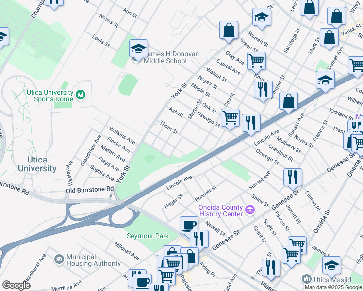 map of restaurants, bars, coffee shops, grocery stores, and more near 1220 Thorn Street in Utica