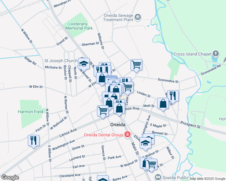 map of restaurants, bars, coffee shops, grocery stores, and more near 102 North Main Street in Oneida