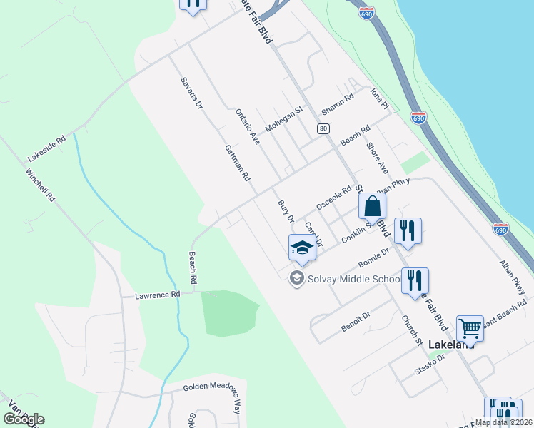 map of restaurants, bars, coffee shops, grocery stores, and more near 106 Bury Drive in Syracuse